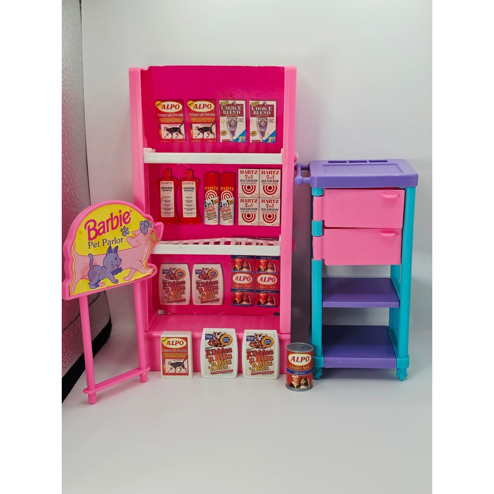 Vintage 1994 Mattel Barbie Pet Parlor Playset Pink Shelf Cart Accessories 67060